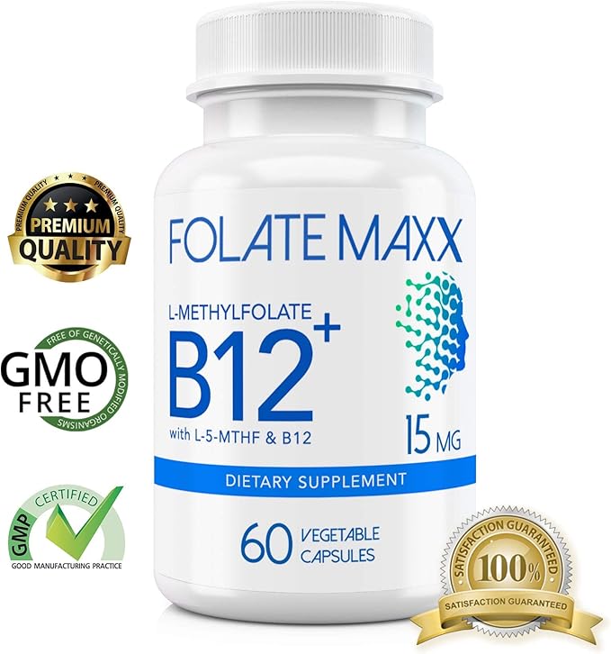FolateMaxx L-Methylfolate + B12 Methylcobalamin Blend 15mg - 60 Capsules - Active Folic Acid & Methylated B12 - 5-MTHF & B12 Supplement for Men & Women - Non GMO, Gluten Free, No Fillers