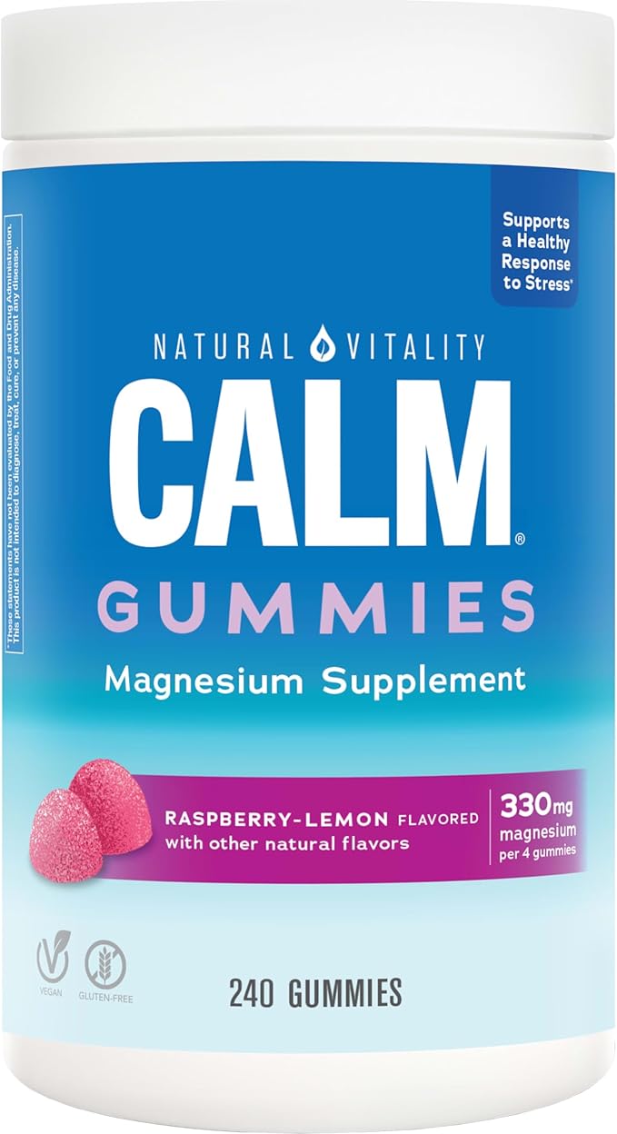 Natural Vitality Calm, Magnesium Citrate Supplement, Stress Relief Gummies, Supports a Healthy Response to Stress, Gluten Free, Vegan, Raspberry Lemon, 240 Gummies (Packaging May Vary)