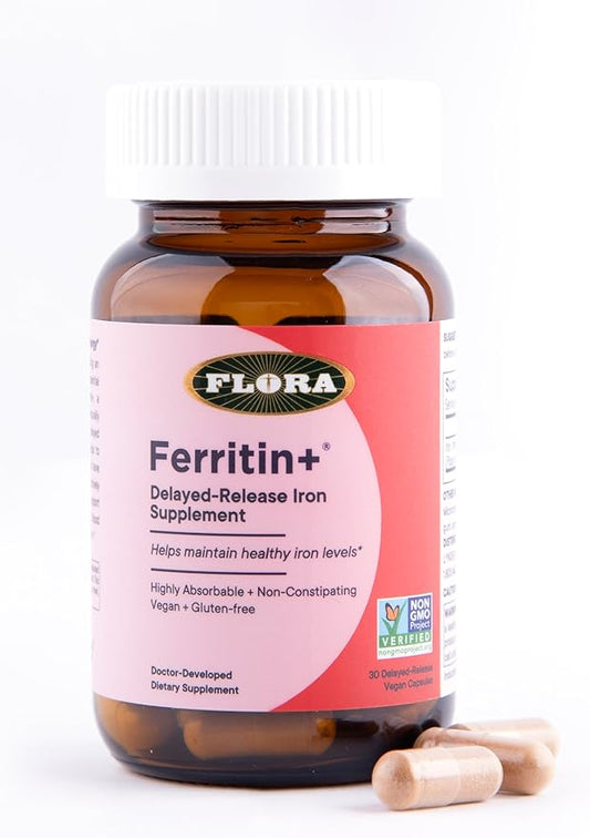 Flora Ferritin+ Delayed-Release Iron Supplement - Plant-Based Iron Supplement - Blood Cell & Energy Support - Vegan & Gluten-Free - Amber Glass Bottle - 30 Vegan Capsules