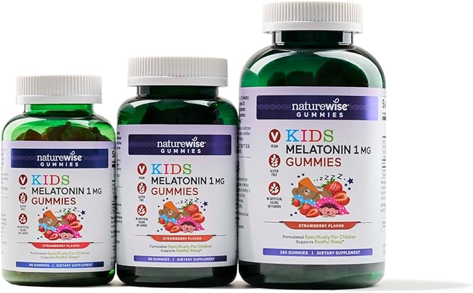Naturewise Kids Melatonin Gummies 1 mg - Drug-Free, Non-Habit Forming Sleep Aid for Children Ages 4 & Up - Strawberry Flavored Gummy Bears - Vegan, Gluten Free, Non-GMO - 180 Count[6-Month Supply]