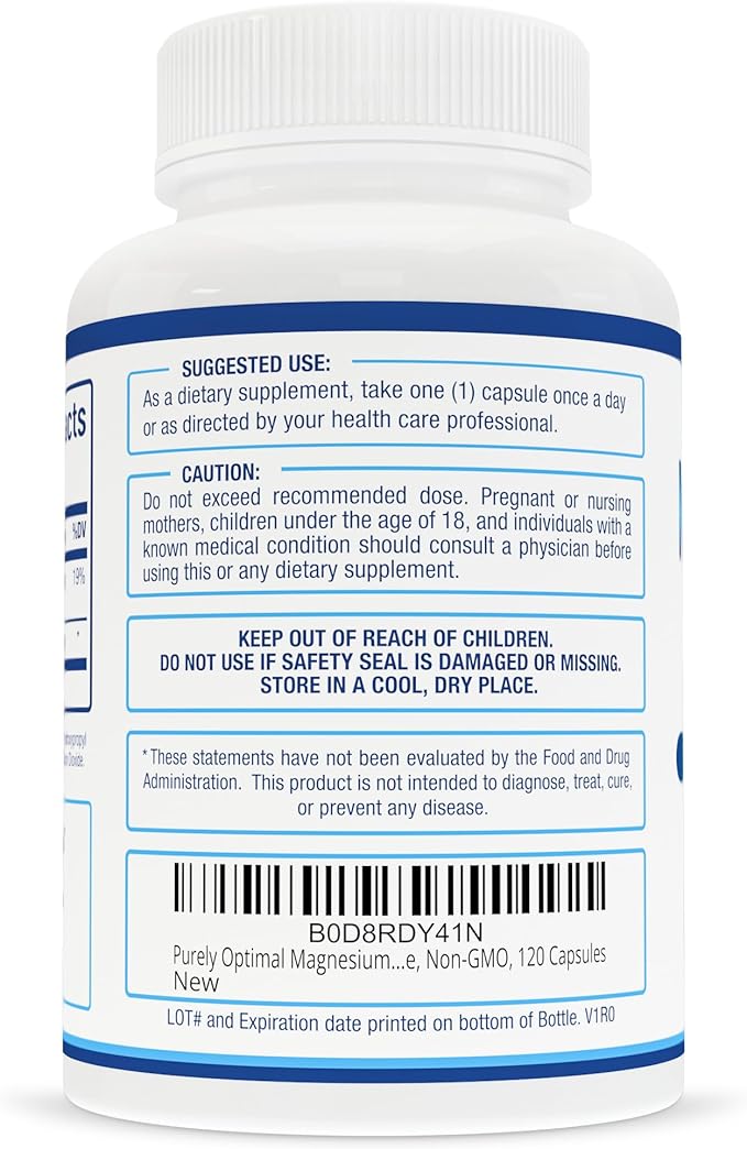 Purely Optimal Magnesium Citrate 500mg - Citrato de Magnesio, Supplement for Sleep, Heart, Nerves, Muscles - Gluten-Free, Non-GMO, 120 Capsules