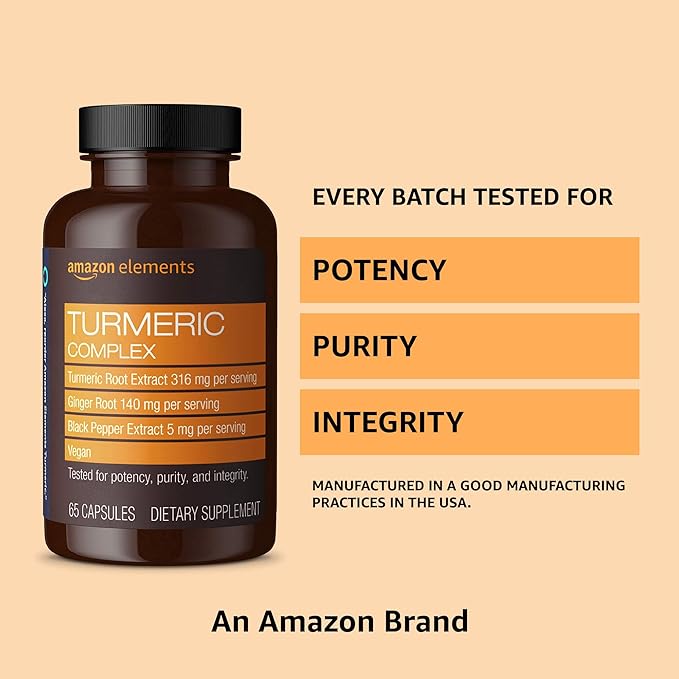 Amazon Elements Turmeric Complex, 316 mg Curcumin, 140 mg Ginger, 5 mg Black Pepper - Joint & Immune System, Healthy Inflammation Response - 65 Capsules (2 Month Supply) (Pack of 2)