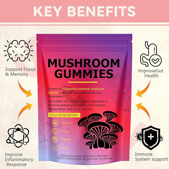 Sky Nutrition Mushroom Gummies, 12 in 1 Mushroom Blend with Lions Mane, Turkey Tail, Organic Reishi, Cordyceps, Immune Support & Energy Boost, Mushroom Supplement for Adults, Non-GMO, 60 Gummies