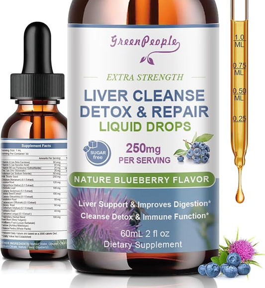 Liver Cleanse Detox & Repair Drops - Liver Supplement w/Milk Thistle Silymarin, Artichoke & Dandelion for Liver Detox & Support- 16x Potent Herb-Nutrients - 2Fl Oz Blueberry Flavor