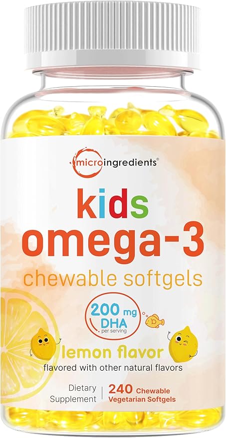 Omega-3 for Kids, 240 Chewable Veggie Softgels | Vegan Omega-3 from Algae Oil + 200mg DHA | Lemon Flavored | Fish Oil Supplements Alternative | Brain, Heart, & Immune Support | No Fishy Smell or Burps