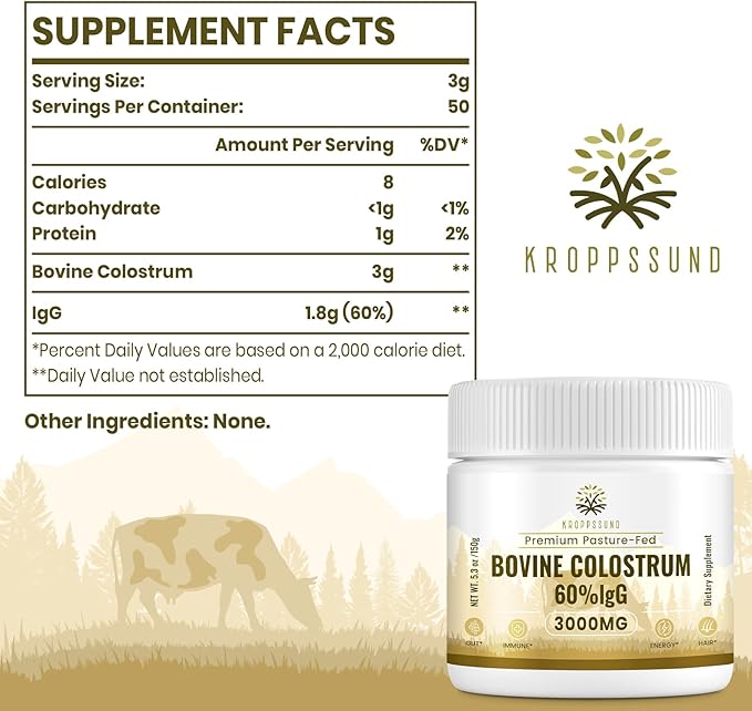Kroppssund Bovine Colostrum Powder Supplement 3000 mg - Extra High 60% IgG Bovine Colostrum - Gut, Bone, Exercise, Immune - 50 Servings (1 Bottle)