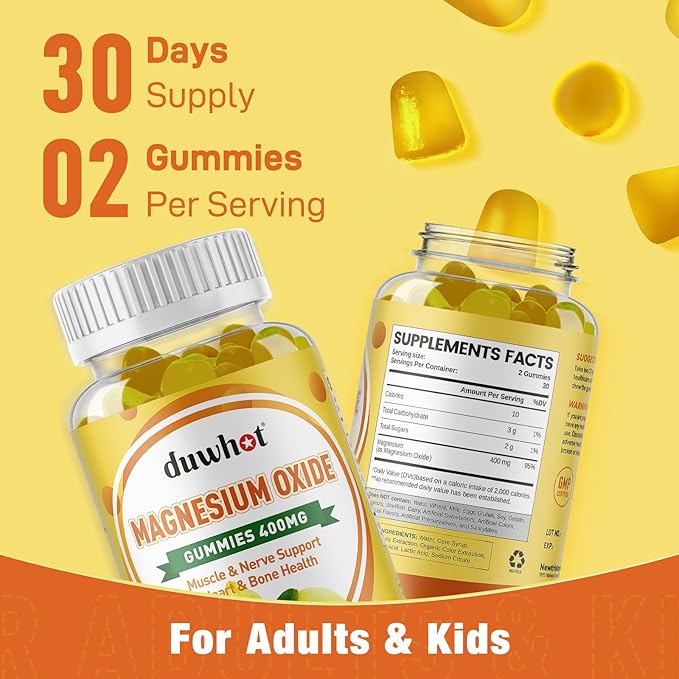 Magnesium Oxide Gummies 400mg, Magnesium Oxide Chewable Supplement for Adults & Kids, Nerve, Muscle, Bone & Heart Support, Non GMO, Pectin, Vegan, 60