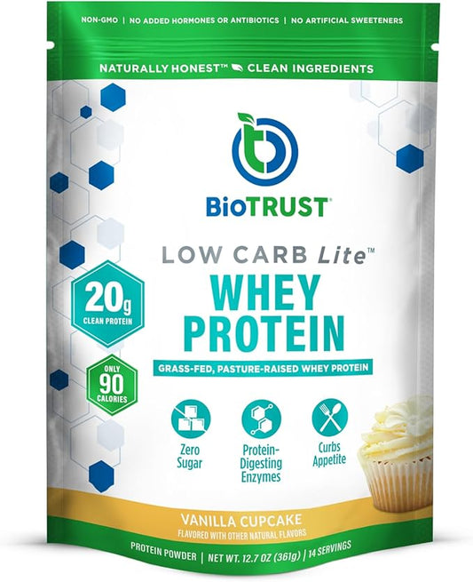 BioTrust Low Carb Lite, 20 Grams of Grass-Fed Whey Protein Isolate, 100 Calories, ProHydrolase Digestive Enzymes, Non-GMO, Free from Soy and Gluten, rBGH-Free (14 Servings) (Vanilla Cupcake)