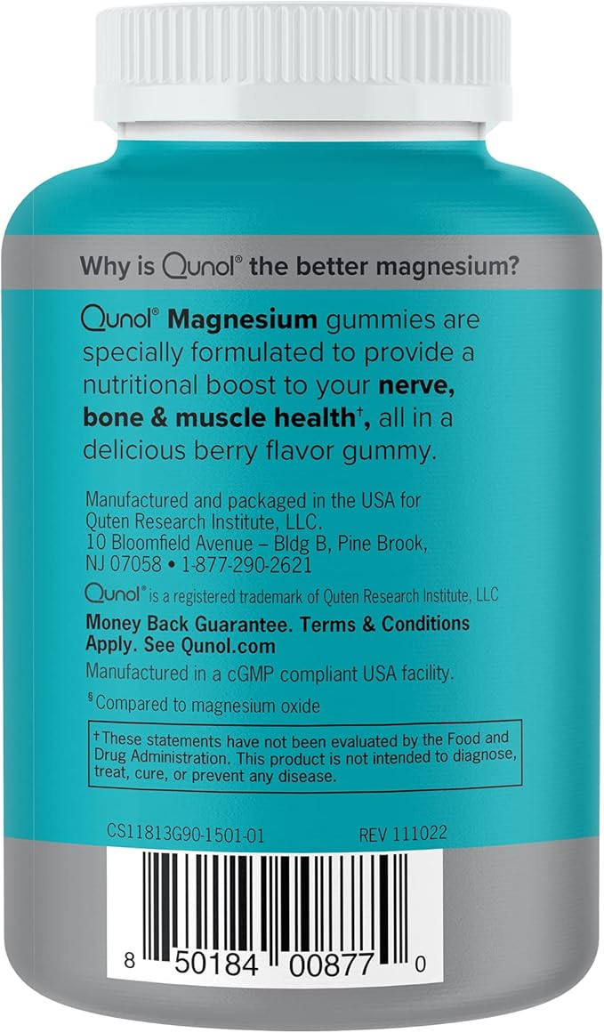 Qunol Magnesium Gummies for Adults, 200mg Elemental Magnesium (from 1,750mg Magnesium Citrate), High Absorption Magnesium Supplement, Supports Nerve, Bone and Muscle Health, Vegetarian, 90 Count