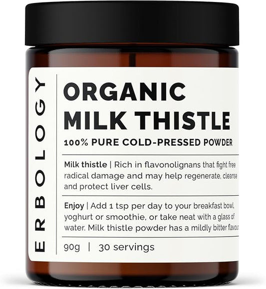 Erbology Organic Milk Thistle Powder 3.2 oz - 30 Servings - 180mg Silymarin per Serving - Liver Health - Cold-Pressed from 100% Milk Thistle Seeds - Sustainably Sourced in Europe - Vegan - GMO-Free