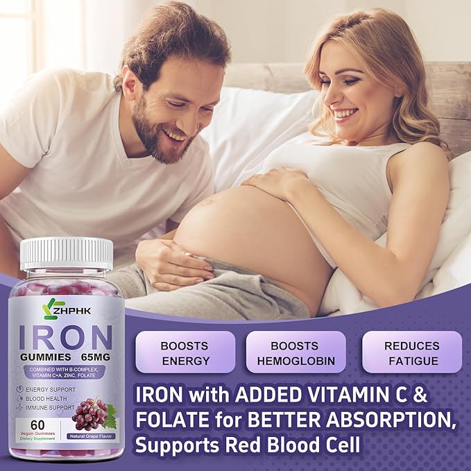 Iron Supplement for Women and Men, Grape Flavored Gummies 65mg and 250mg Vitamin C & Folate for Iron Deficiency and Anemia, Energy Support & Immune Health, 60 Count