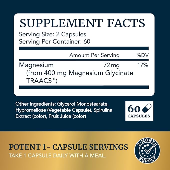 Magnesium Glycinate Supplement | Advanced Microbeadlets | Chelated for Maximum Absorption | 400mg Magnesium Bisglycinate Powder Per Serving | TRAACS Chelate System | for Women & Men | 60 Capsules