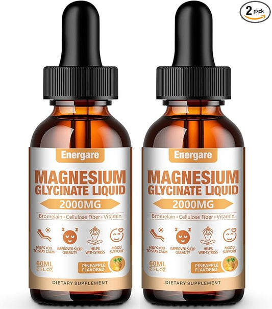 2 Pack 2000MG Magnesium Glycinate Liquid Drops Supplement for Kids & Adults - Cellulose Fiber, Bromelain, Vitamin B6, C, D, Zinc - Energy, Sleep, Clam, Pineapple Flavor, 4 Fl oz