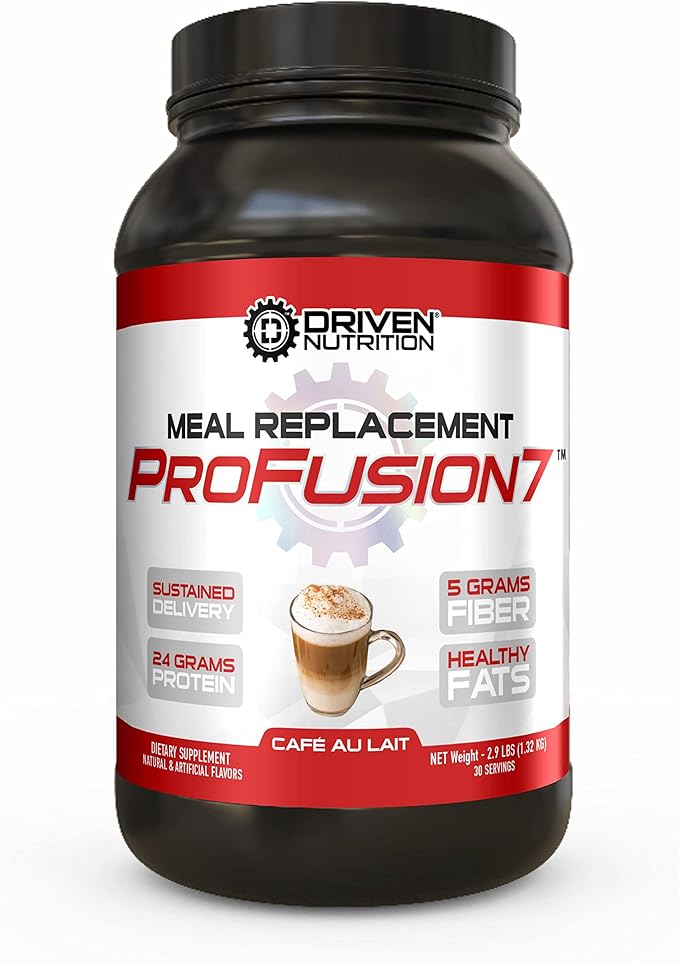 Driven Pro Fusion 7 Meal Replacement Powder - Men & Women, 3 lbs - 24g Protein Per Serving, Digestive Enzymes & MCT Oil - Gluten-Free - On-The-Go Energy & Supports Muscle Mass - Cafe Au Lait