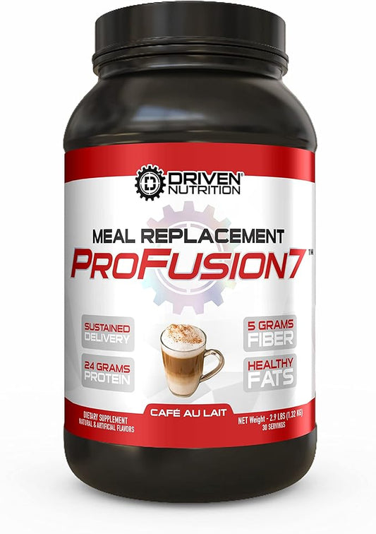 Driven Pro Fusion 7 Meal Replacement Powder - Men & Women, 3 lbs - 24g Protein Per Serving, Digestive Enzymes & MCT Oil - Gluten-Free - On-The-Go Energy & Supports Muscle Mass - Cafe Au Lait