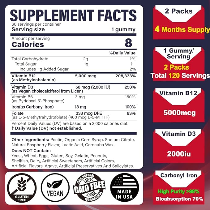 Iron 18mg + B12 Vitamins 5000 mcg Gummies for Adults Women & Men - w/Ultra Strength Active Methyl B-12, L-MethylFolate & B6 (P5P) - Carbonyl Iron Supplement Gummy for Energy, Immune & Focus,120Cts