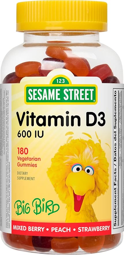 Sesame Street Vitamin D3 Gummies for Kids 2+, 600 IU of Vitamin D per Gummy, 6 Month Supply, Free of Gluten, Dairy, Peanut & Gelatin, Immune, Bone and Teeth Support, Non-GMO, 180 Vegetarian Gummies