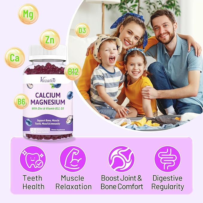 Calcium Magnesium Zinc Gummies with Vitamin D3 & B12, Sugar Free Calcium Supplements for Women Men, Support Immunity, Vegan Blueberry Flavor