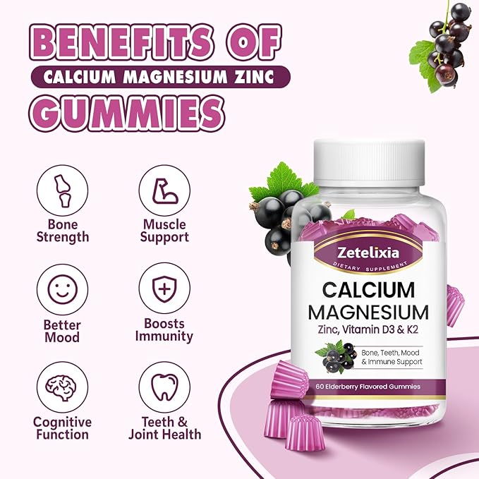 Calcium Gummies with D3, Calcium Magnesium Supplement with Glycinate,Potassium,Vitamin D3 & K2, &Whole Natural Food for Bone & Immune Support- 120 Chewable Gummy Elderberry Flavor