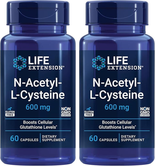 Life Extension N-Acetyl-L-Cysteine (NAC), Immune Response, Respiratory Health, Liver Health, NAC 600 mg, antioxidant Defense, Free radicals, Easy to Absorb - Two Pack x 60 Capsules