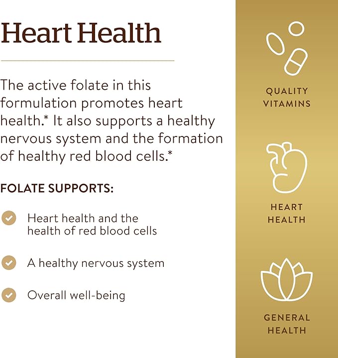 Solgar Folate 1000 mcg, 120 Tablets - 1000 mcg Bio-active Metafolin - Heart Health - Vegan, Gluten Free, Dairy Free, Kosher - 120 Servings