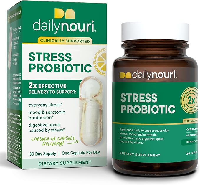 Daily Nouri Stress Probiotic | for Cortisol Management, Digestion, Daily Stress Relief & Gut Microbiome Health | 3 Probiotic Strains & Vegan Ahiflower Omega Oil | for Women & Men | 30-Day Supply