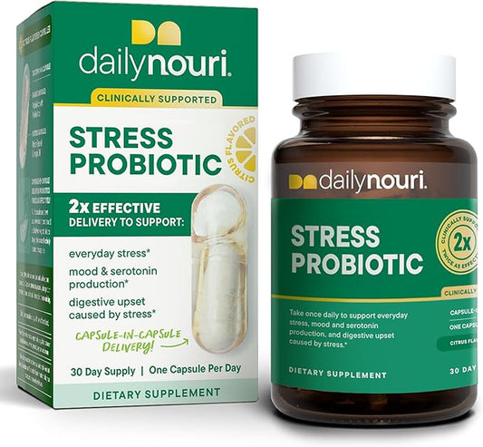 Daily Nouri Stress Probiotic | for Cortisol Management, Digestion, Daily Stress Relief & Gut Microbiome Health | 3 Probiotic Strains & Vegan Ahiflower Omega Oil | for Women & Men | 30-Day Supply
