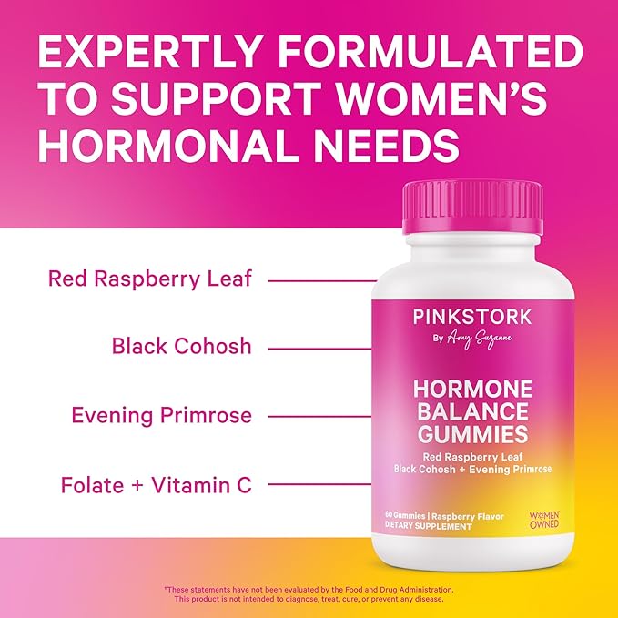Pink Stork Hormone Balance Gummies for Women - Hormone Harmony for Mood, Energy, Bloating - Hormonal PMS, Perimenopause & Menopause Support - Red Raspberry Leaf & Black Cohosh - 60 Gummy Supplements