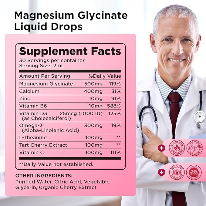 Magnesium Glycinate Supplement, Magnesium Glycinate Liquid Drops 500mg with Calcium, Zinc, Vitamin B6, D3, L-Theanine, Omega 3 for Sleep, Mood, Stress Relief, Bone, Muscle, Cherry Flavor