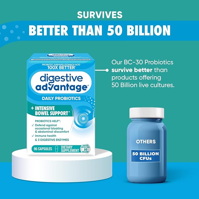 Digestive Advantage IBS Daily Probiotic Capsules for Digestive Health & Gut Health, Probiotics for Men and Women (96 Count Box) - Digestible Enzymes
