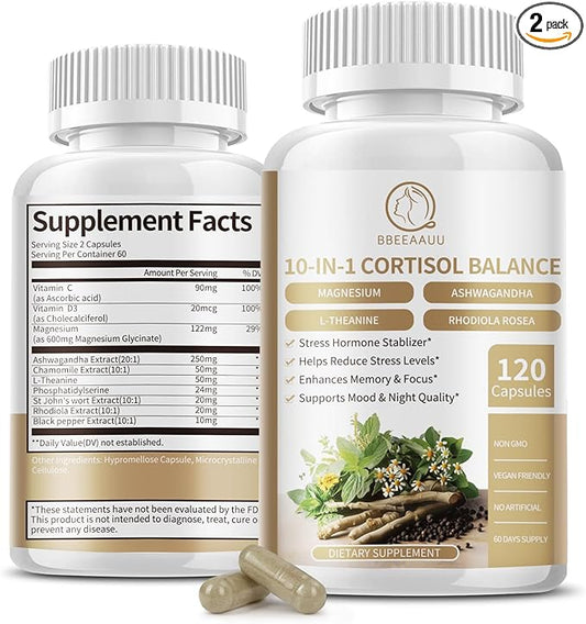 2 Pack Cortisol Supplements for Women & Men - 10-in-1 Cortisol Reducer Manager Detox with Ashwagandha, Magnesium - Lower High Cortisol Levels, Relaxation & Night Support, Non-GMO, 120 Capsules
