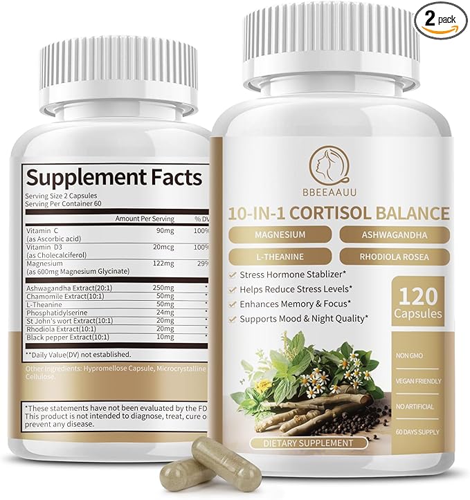2 Pack Cortisol Supplements for Women & Men - 10-in-1 Cortisol Reducer Manager Detox with Ashwagandha, Magnesium - Lower High Cortisol Levels, Relaxation & Night Support, Non-GMO, 120 Capsules