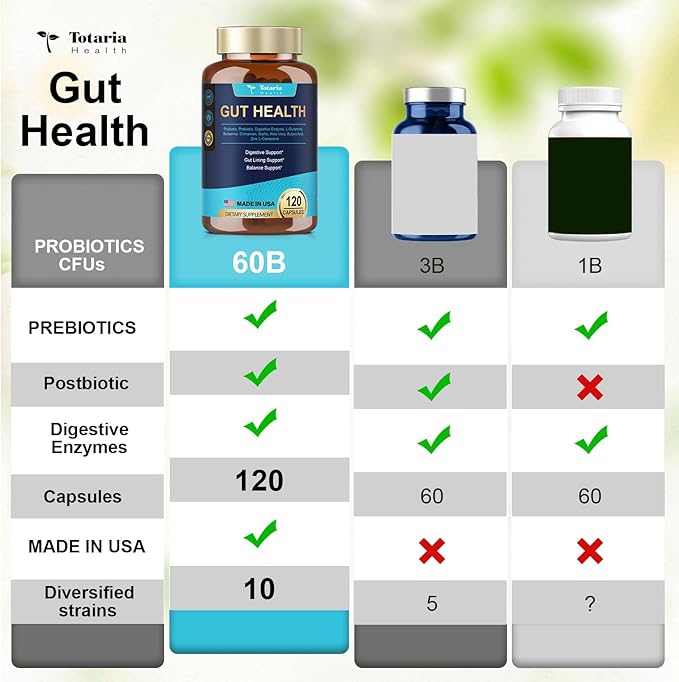 4-in-1 Gut Health Supplement with Probiotics, Prebiotics, Postbiotics & Digestive Enzymes for Women & Men, 60 Billion CFU Probiotics for Gut and Digestion, Strong Immunity, Skin (120 Capsules)