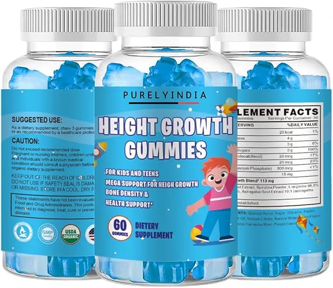 Height Growth Gummies for Kids & Teens – Enriched with Ashwagandha, Calcium, Vitamin D & K for Healthy Bone Development, Non-GMO, 60 Gummies, Ages 5+
