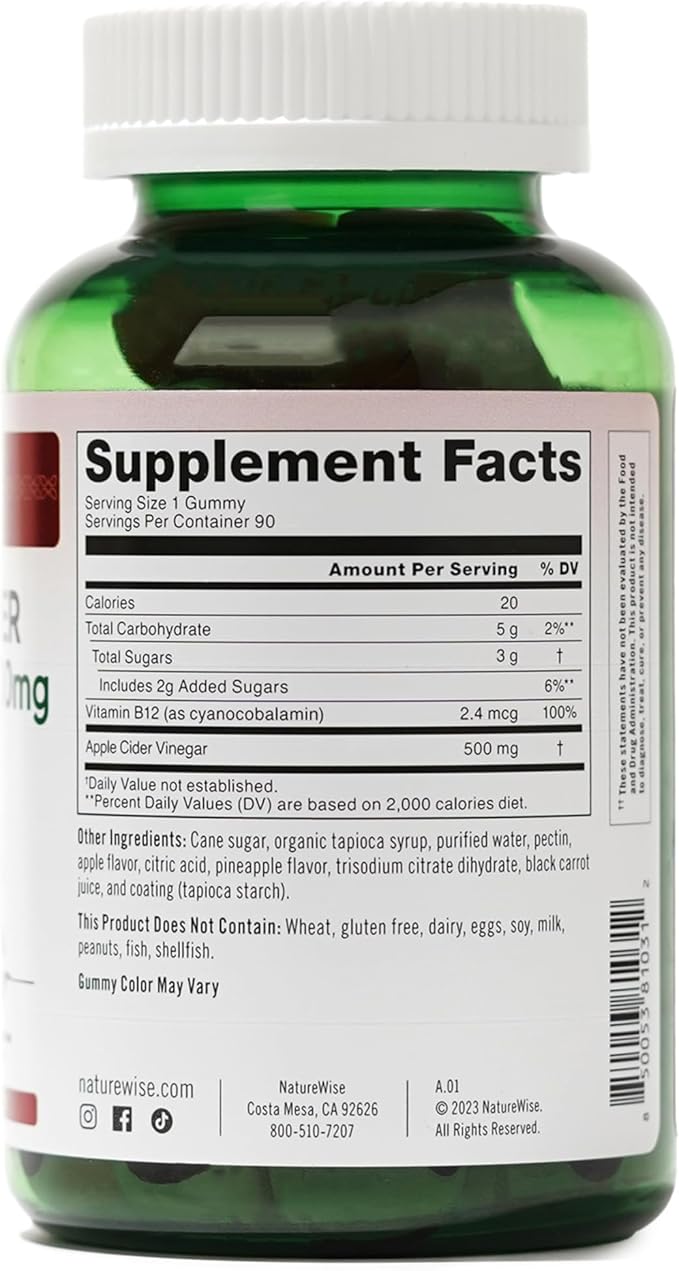 NatureWise Apple Cider Vinegar Gummies - 1000mg ACV per 2 + Vitamin B12 - Pectin Based Vegan, Gluten-Free, Non-GMO -90 Count[45-Day Supply for 1000mg or 3-Months for 500mg]