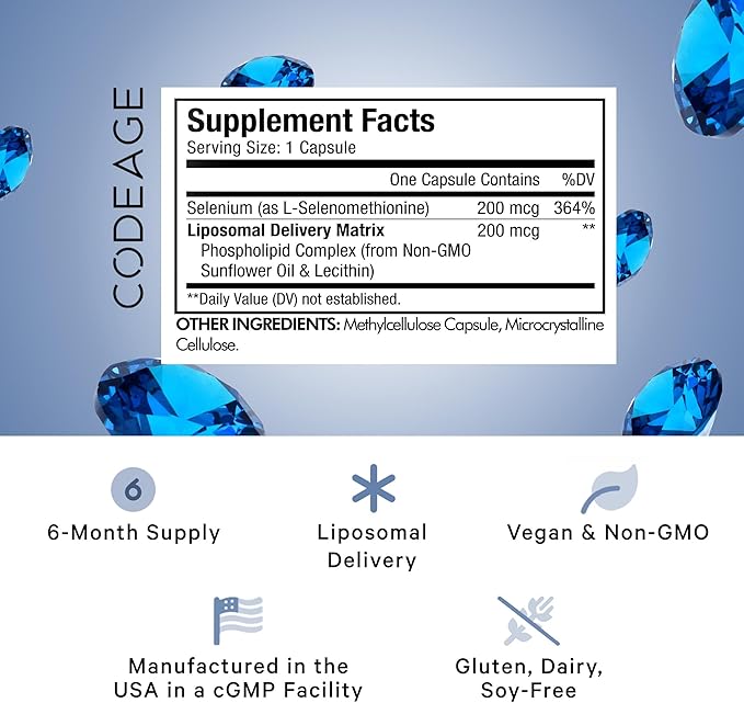 Codeage Selenium 200 mcg Supplement, 6-Month Supply, Immune Support, Mineral Cofactor Selenomethionine, Phospholipids, Vegan, Liposomal Delivery, 180 Capsules