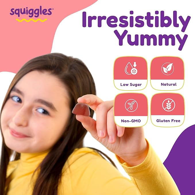 Squiggles Kids Daily Iron+ Gummies - Chewable Supplement with Iron, Multivitamin for Children, Low Sugar, Vegan, Toddler Gummies, Yummy Grape Flavor (100 Count)