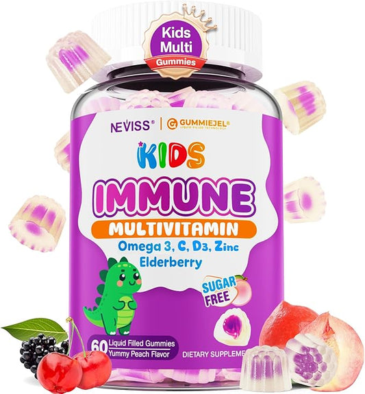 Kids Multivitamin + Immune Support Gummies, Vitamin C D3 & Zinc, Omega-3, Vitamin A, E, Elderberry, Kids Vitamin Gummies for Healthy Development, Immunity, Bone Growth & Eye Health, Sugar Free, 60 Cts