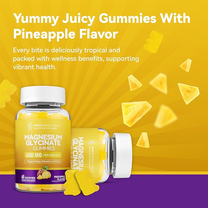 Magnesium Glycinate Gummies 600mg, Non-GMO, Gluten-Free, Magnesium Gummies for Adults & Kids, Sleep, Relaxation & Focus, Pineapple Flavor, 60 Count
