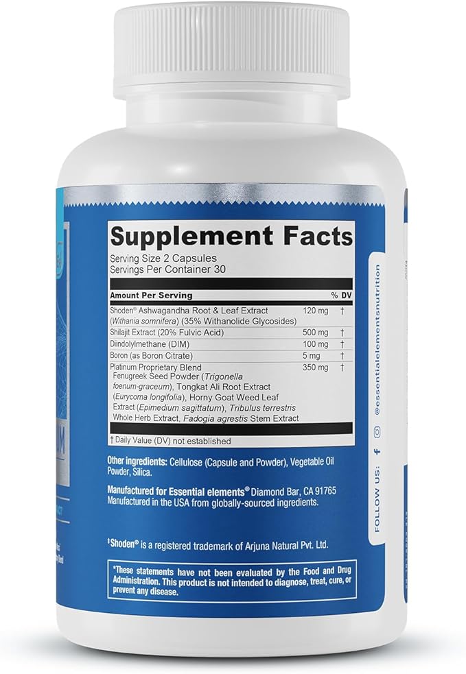 Essential Elements T-Hero Platinum Male Health Supplement for Mens Health - Muscle Growth Support & T-Health with Shoden Ashwagandha, Shilajit, DIM & More - Gym Supplements for Men - 60 Caps