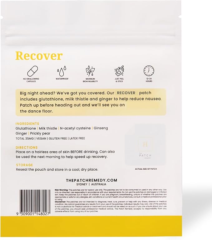The Patch Remedy Recover Patch - 30 Topical Patches for a Night Out with Glutathione & Milk Thistle Extract for Pre & Post Party Recovery Relief Transdermal Skin Support