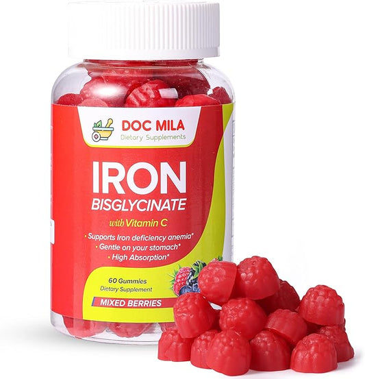 Iron Supplement for Kids and Adults - Iron Bisglycinate Gummies 25mg with Liposomal VIT C - Chelated Iron Supplement for Women and Men - 60 Gummies, 1 Month Supply