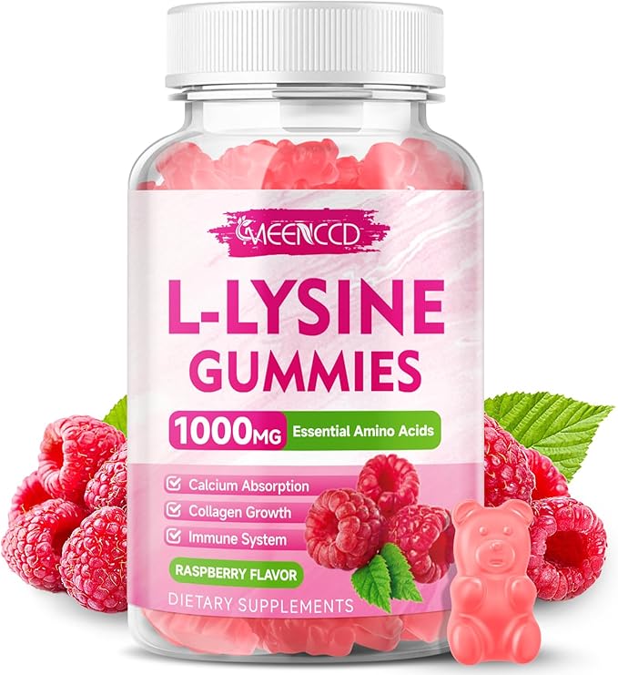 L-Lysine 1000mg Gummies, Lysine Supplement for Adults & Kids, Essential Amino Acid Supplement for Lips & Oral Health, Boost Immune & Collagen & Calcium, Sugar-Free, Raspberry Flavor, 60 Count