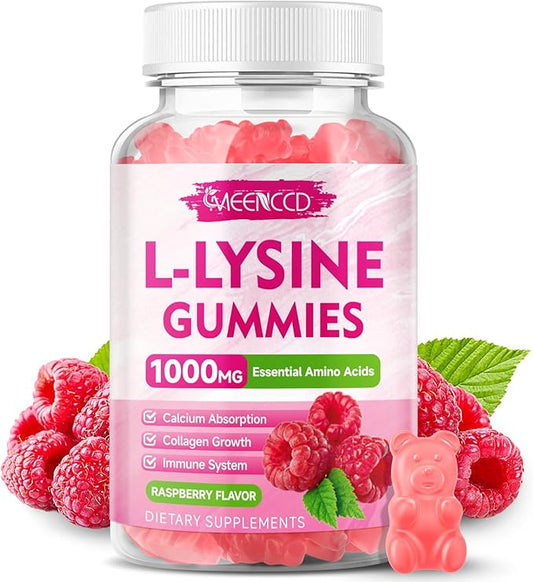 L-Lysine 1000mg Gummies, Lysine Supplement for Adults & Kids, Essential Amino Acid Supplement for Lips & Oral Health, Boost Immune & Collagen & Calcium, Sugar-Free, Raspberry Flavor, 60 Count