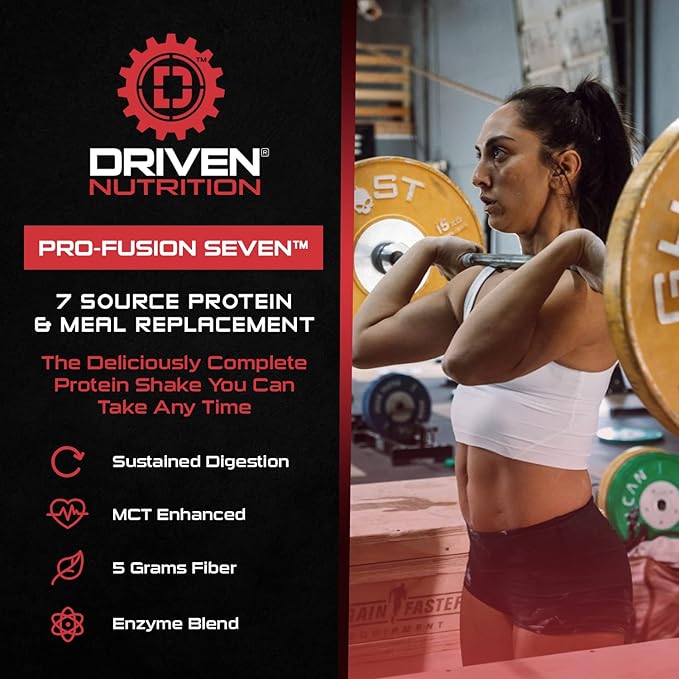 Driven Pro Fusion 7 Meal Replacement Powder - Men & Women, 3 lbs - 24g Protein Per Serving, Digestive Enzymes & MCT Oil - Gluten-Free - On-The-Go Energy & Supports Muscle Mass - Cafe Au Lait