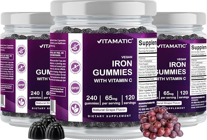 Vitamatic Iron 65 mg Gummies Supplement for Women & Men - 240 Vegan Gummies - Great Tasting Iron Gummy Vitamins with Vitamin C