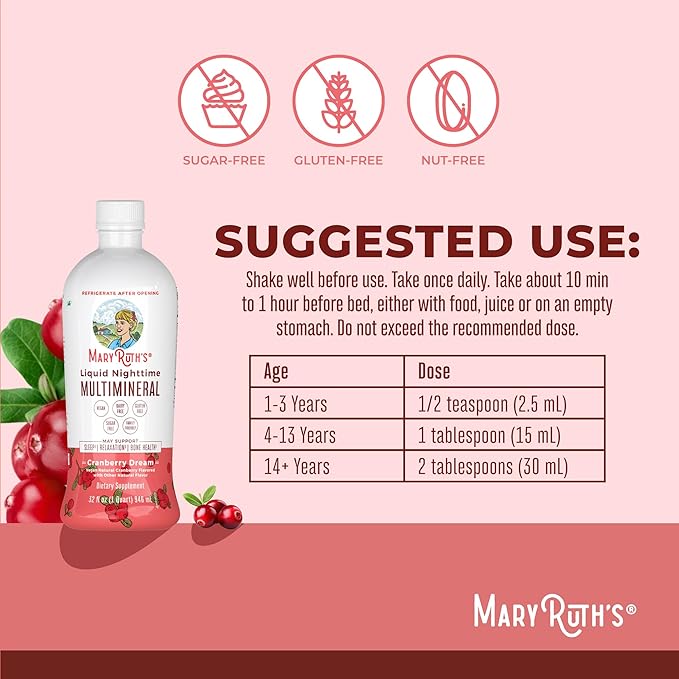 MaryRuth's Liquid Nighttime Multimineral | Sugar Free | Calm Magnesium Citrate | NO Melatonin | Calcium Magnesium Zinc | Muscle Relaxation | Available in 4 Flavors | Vegan | Gluten Free | 32 Servings