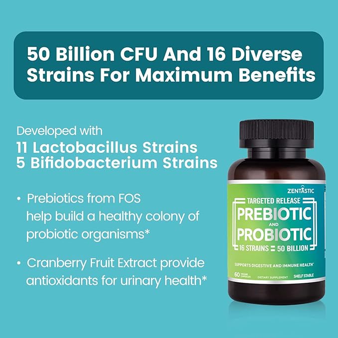 Zentastic Probiotics & Prebiotics Supplement - 50 Billion CFU - for Men & Women’s Immune & Digestive Health - 16 Strains - Shelf Stable - 300 Delayed Release Veggie Capsules