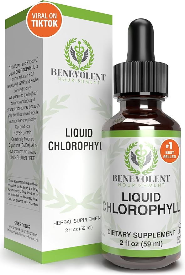 Benevolent Chlorophyll Liquid Drops – Organic Detox & Immune Support, Internal Deodorizer & Skin Health Supplement, Non-GMO, 4 Month Supply, Natural Mint Flavor