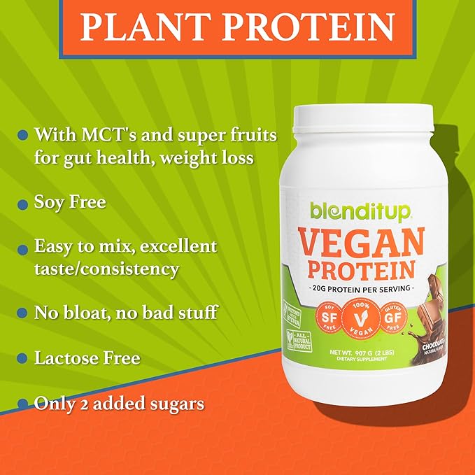 BlendItUp Chocolate Vegan Plant Protein Powder | Non GMO, Gluten Free | 20 G of Protein Per Scoop, 28 Servings | 4 Net Carbs
